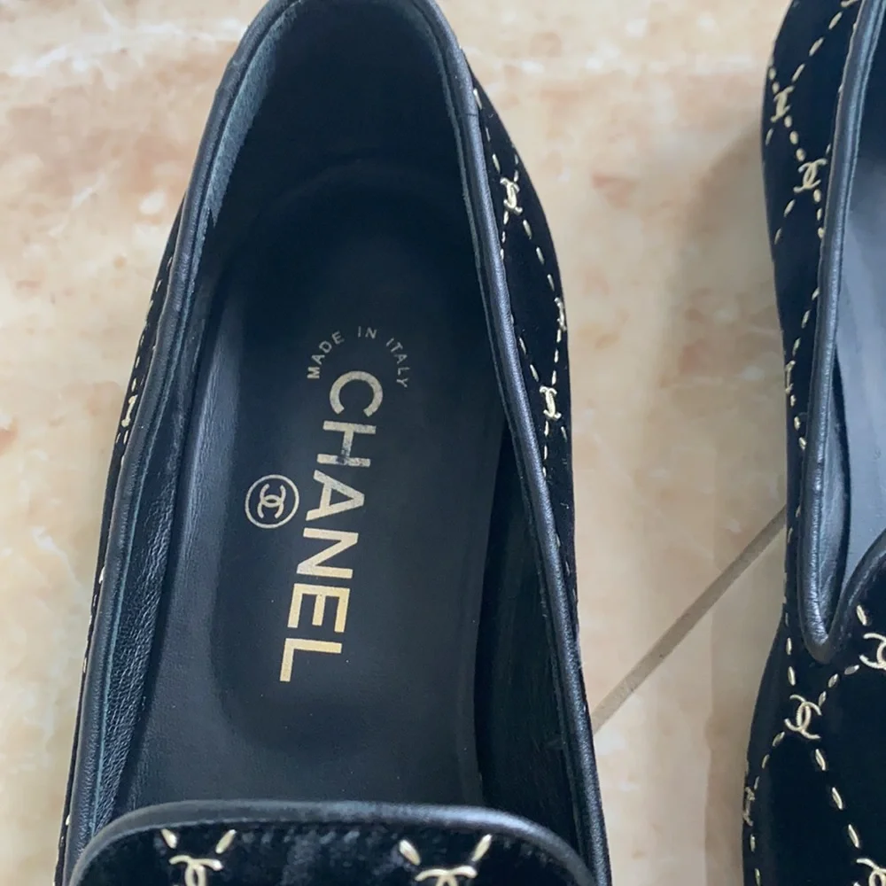 CHANEL Black Velvet Loafers with Silver Detailing - Picture 5 of 8
